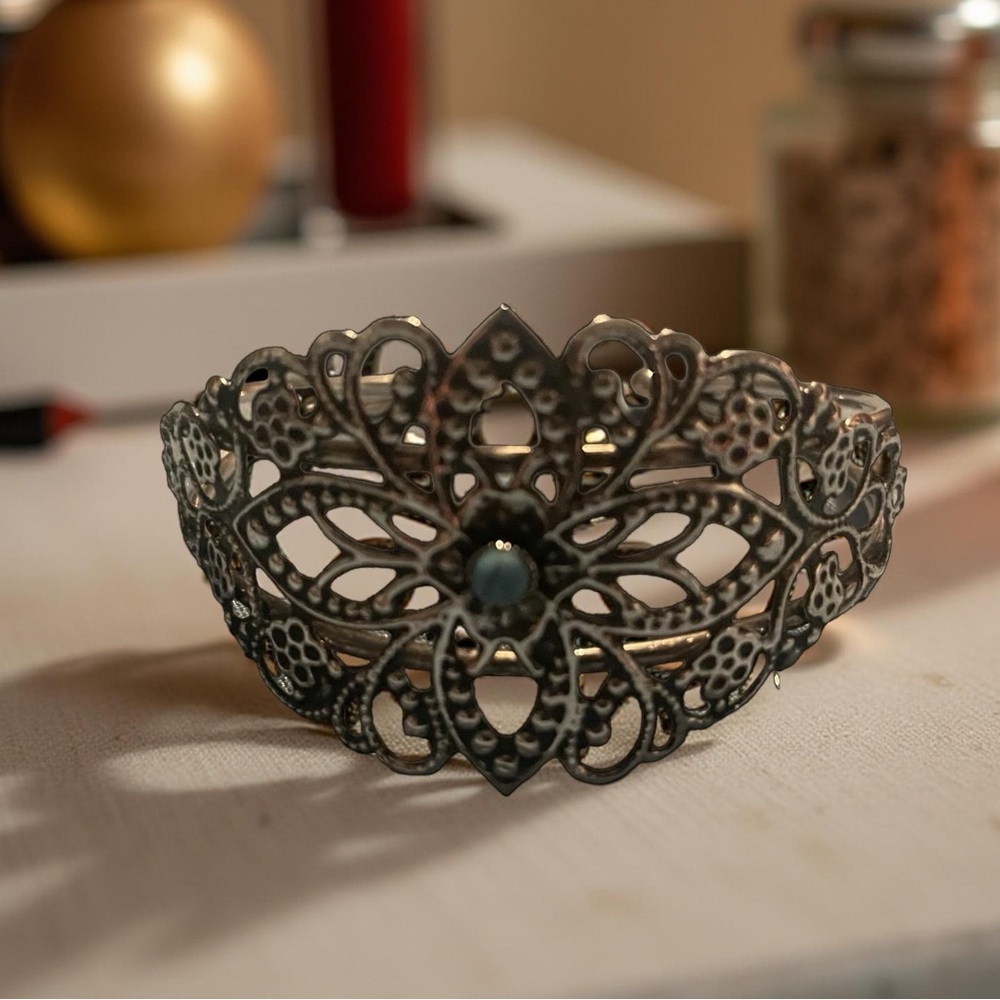 Intricate Boho Chic Filigree Boho Coastal Cowgirl Turquoise Stone Silver Cuff